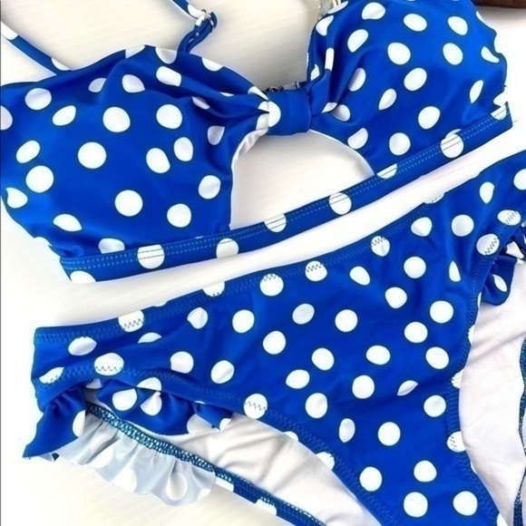 Phurro womens medium blue white polka dot ruffle bikini set - Picture 2 of 6